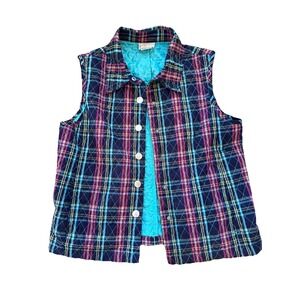 Vintage Company Collection Women's Snap Navy Pink Quilted Plaid Vest Size M